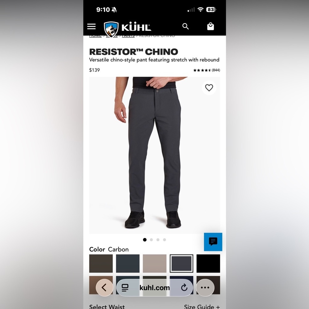 KÜHL Resistor Chino Pants in Carbon Gray men’s 33x32